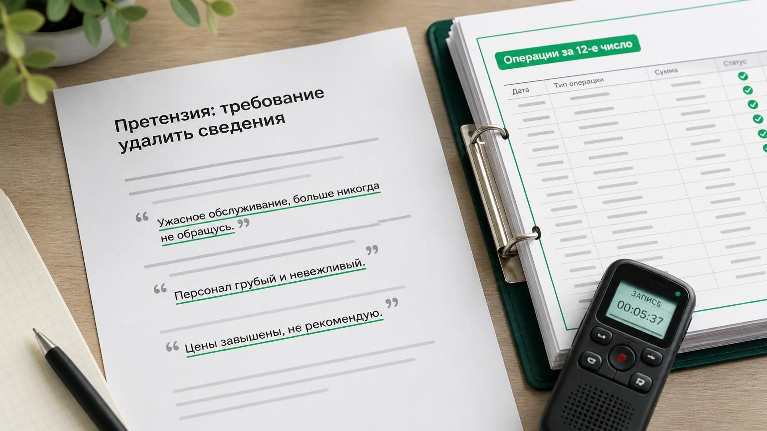 Крупный план: лист претензии на столе с подчёркнутыми цитатами из отзыва, рядом подшитая выгрузка из CRM и диктофон. Настроение — спокойная подготовка, без пафоса. Надписи: заго…