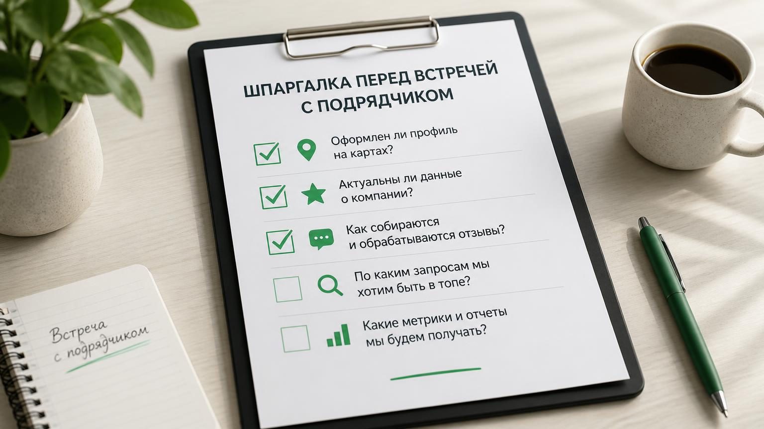 Чек-лист или список вопросов на планшете/бумаге, часть пунктов отмечена галочками. Можно оформить как «шпаргалку перед встречей с подрядчиком».