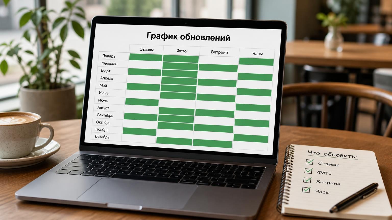Экран ноутбука на столе кофейни, на нём простая таблица-график активности по месяцам с закрашенными клетками. Рядом блокнот с галочками. Надписи: заголовок на экране «График обн…