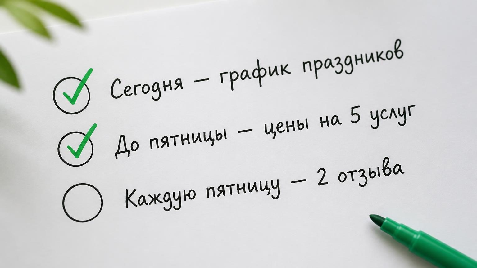 Крупный план листа с тремя строками, написанными маркером, и галочками напротив первых двух. Надписи: «Сегодня — график праздников», «До пятницы — цены на 5 услуг», «Каждую пятн…