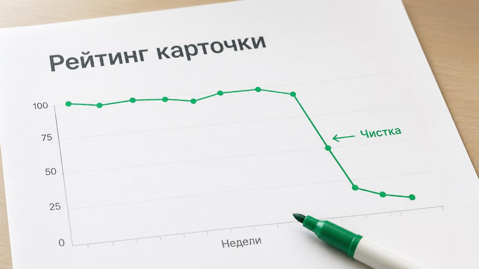 Крупно: распечатка графика рейтинга с резким обрывом вниз, поверх лежит маркер. Настроение сухое, без драмы. Надписи: заголовок «Рейтинг карточки», подпись оси «Недели», отметка…