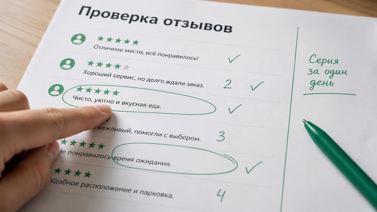Крупный план: палец ведёт по распечатанному списку отзывов, часть строк обведена ручкой, на полях проставлены галочки и цифры. Иллюстрирует ручной аудит без автоматики. Надписи:…