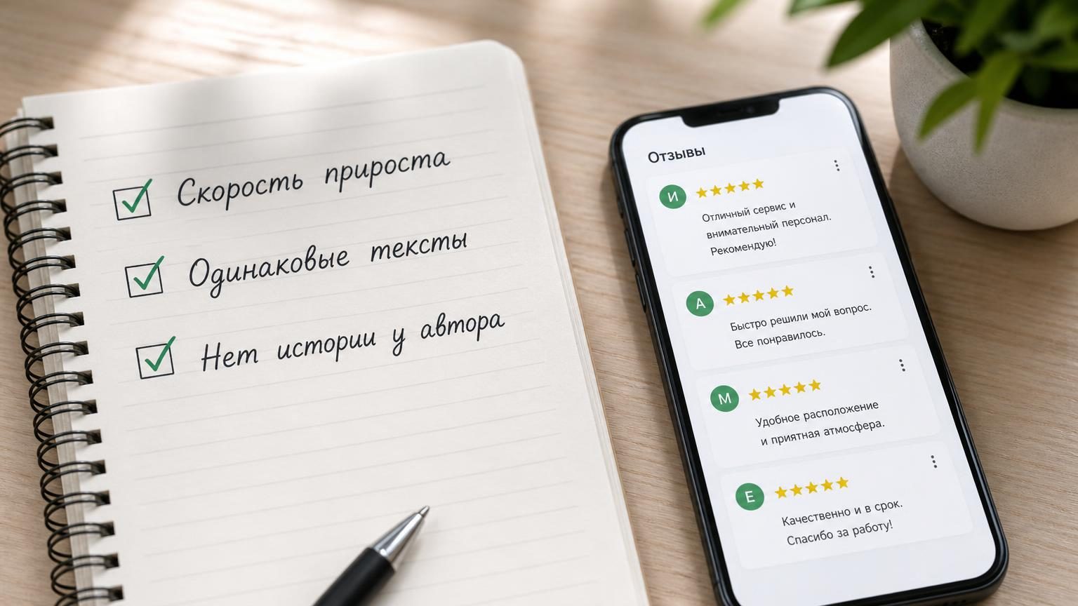Крупный план блокнота с рукописным списком признаков, рядом смартфон с открытой лентой отзывов. Настроение рабочее, без драмы. Надписи в блокноте: «Скорость прироста», «Одинаков…