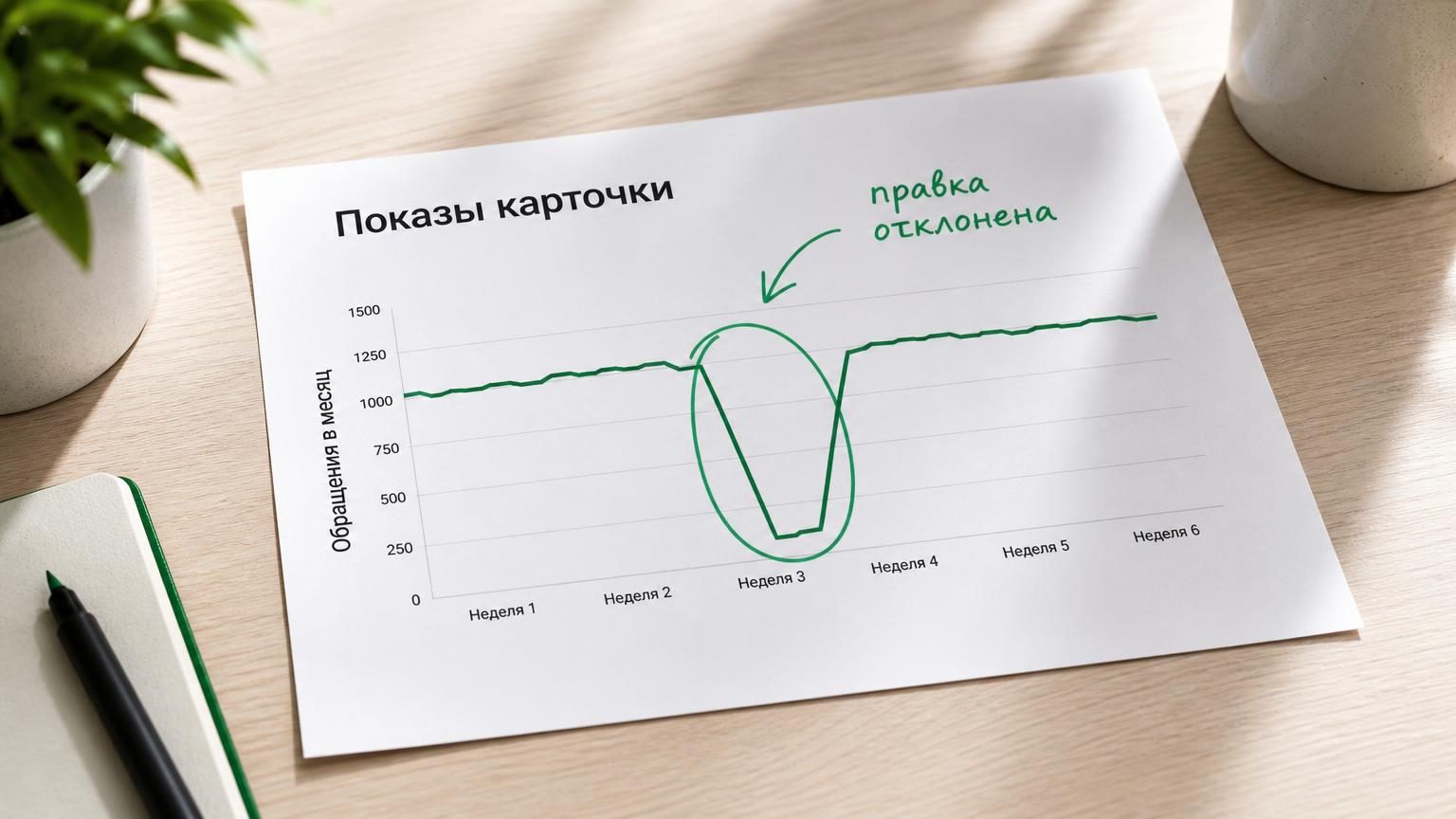Стол, распечатка с графиком показов: ровная линия резко проваливается и через две недели восстанавливается. Рядом маркером обведён провал. Надписи: заголовок «Показы карточки», …