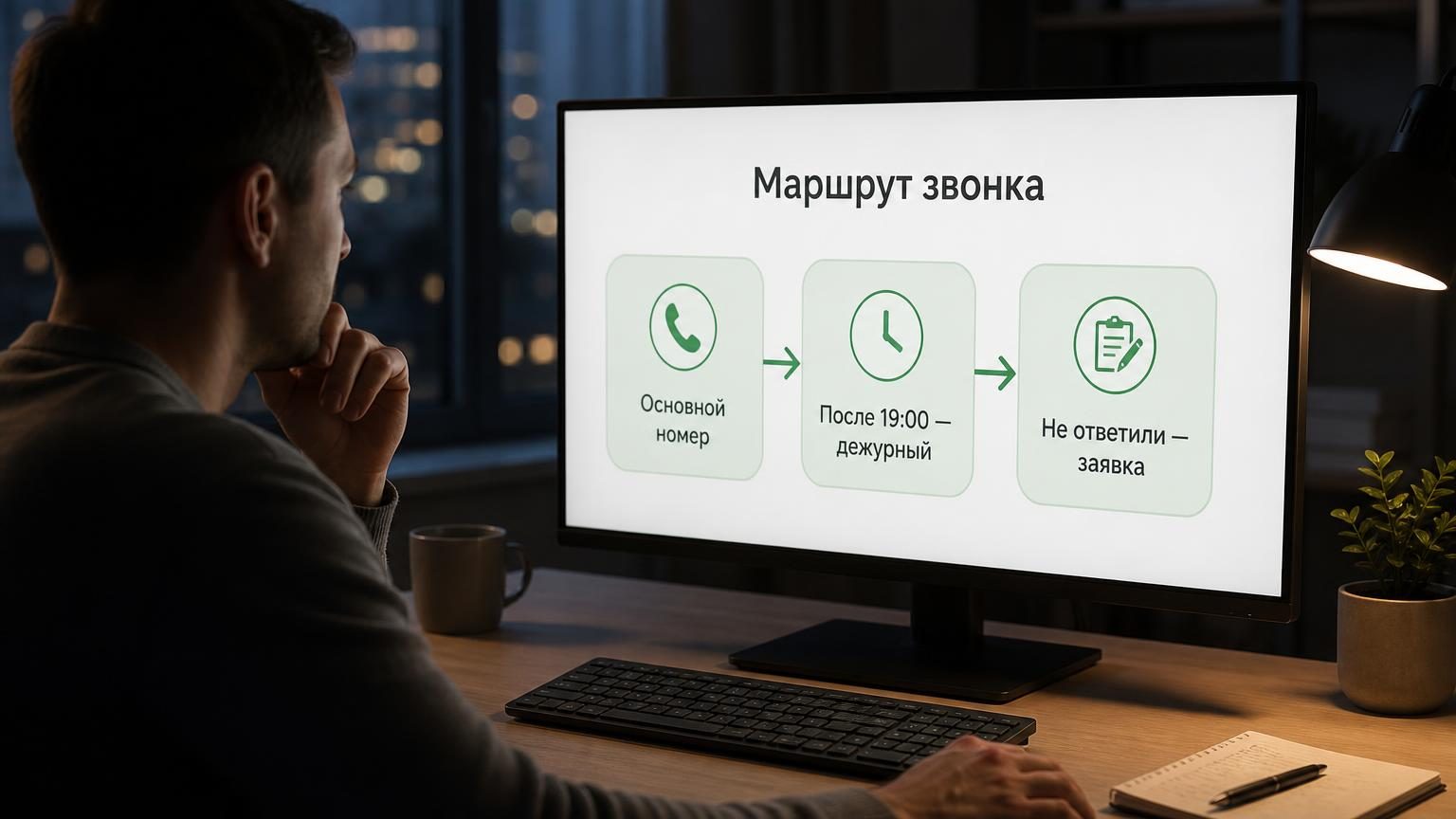 Рабочий стол администратора вечером, свет от монитора, на экране открыта схема переадресации: три блока со стрелками. Настроение — спокойный контроль. Надписи на экране: заголов…