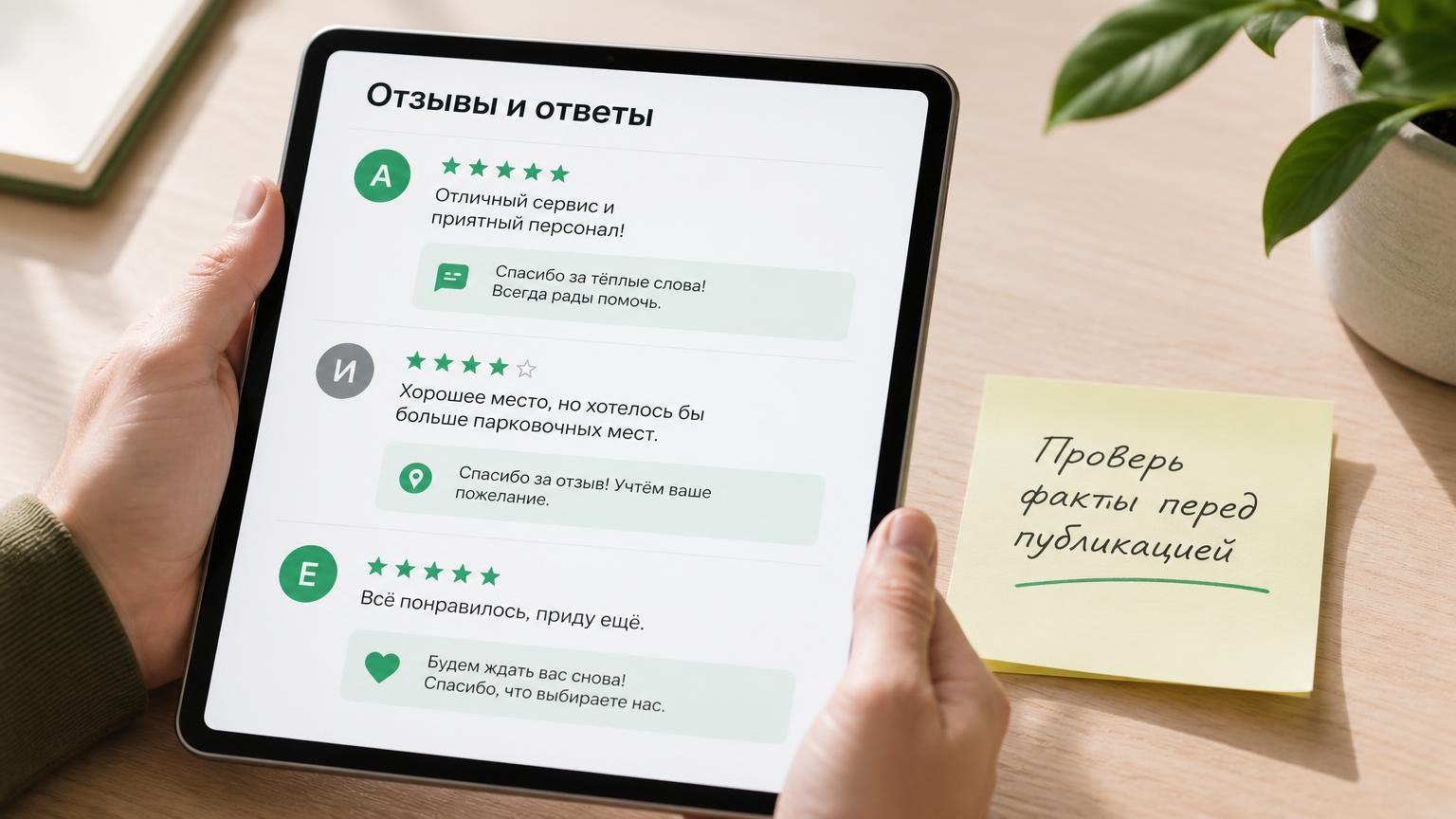 Крупный план планшета в руках: открыта карточка организации с лентой отзывов, под каждым — короткий ответ организации, все начала разные. Рядом лежит бумажный стикер. Надписи: н…