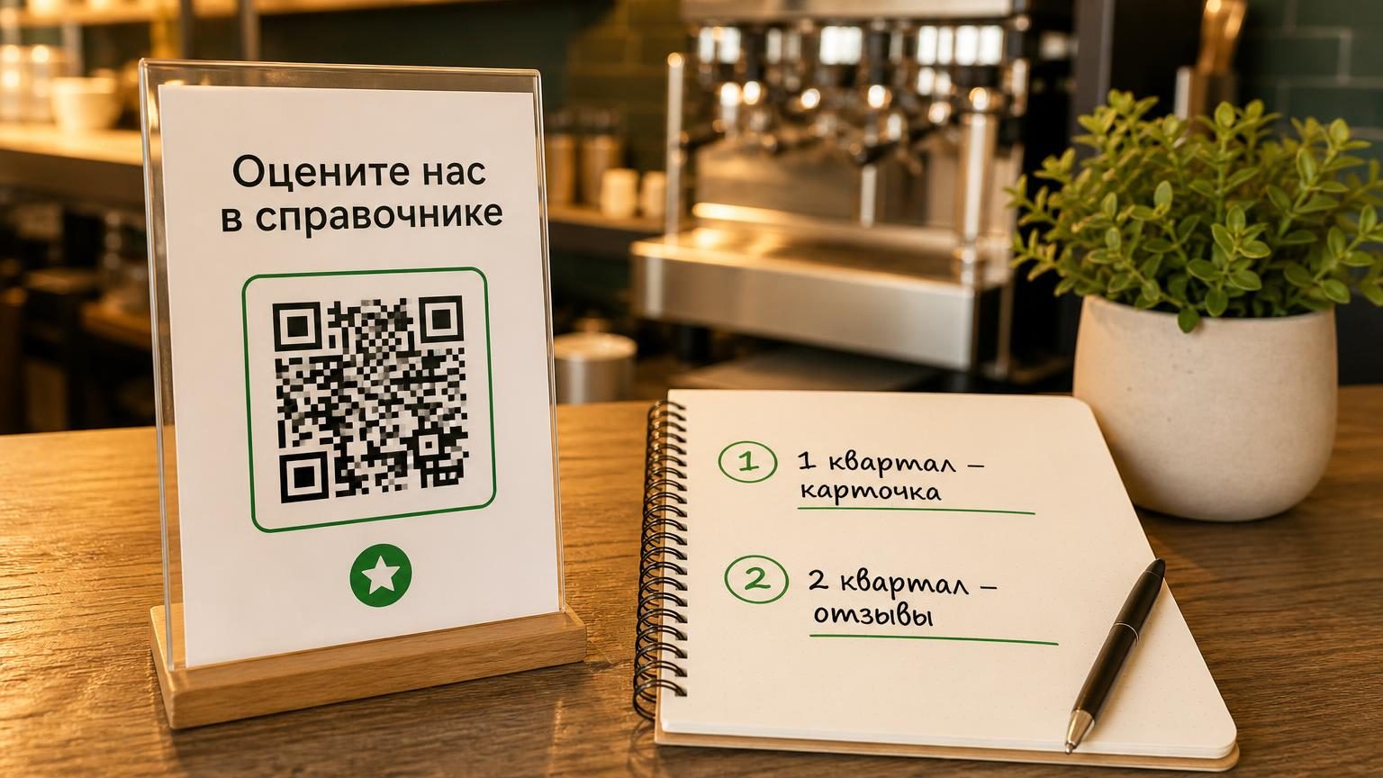 Стойка администратора кофейни крупным планом: табличка с QR-кодом и просьбой оставить отзыв, рядом блокнот с планом по кварталам. Тёплый свет, рабочее настроение. Надписи: на та…