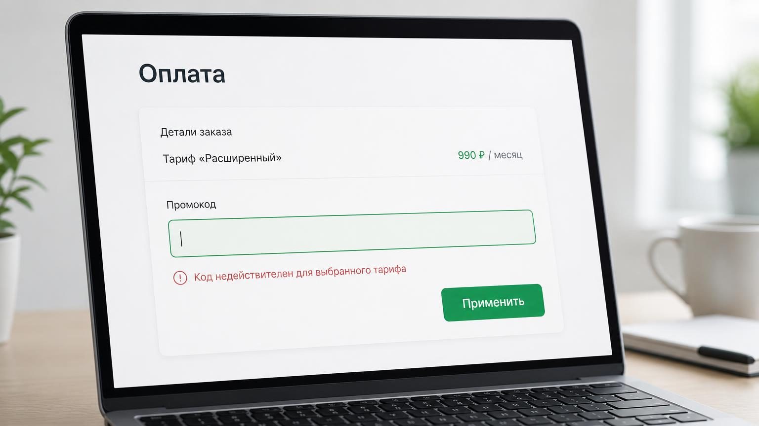 Экран ноутбука крупно, страница оплаты с развёрнутым полем ввода и сообщением об ошибке под ним. Настроение — рабочее, без драматизма. Надписи: подпись поля «Промокод», сообщени…