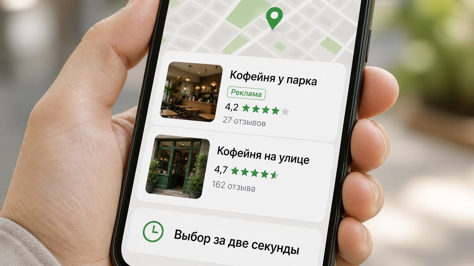 Крупный кадр телефона в руке: два соседних результата в списке на карте, у верхнего пометка о рекламе и меньше отзывов, у нижнего выше оценка.