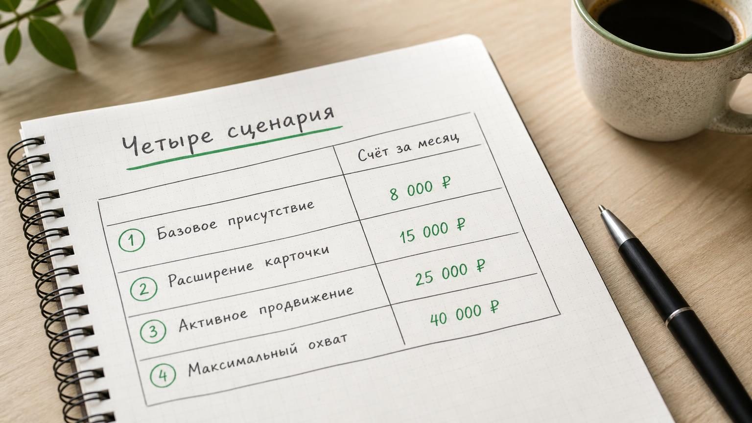 Крупный план блокнота с от руки нарисованной таблицей из четырёх строк и колонкой сумм, рядом ручка и чашка кофе. Деловое, чуть неидеальное — рабочие пометки. Надписи: заголовок…