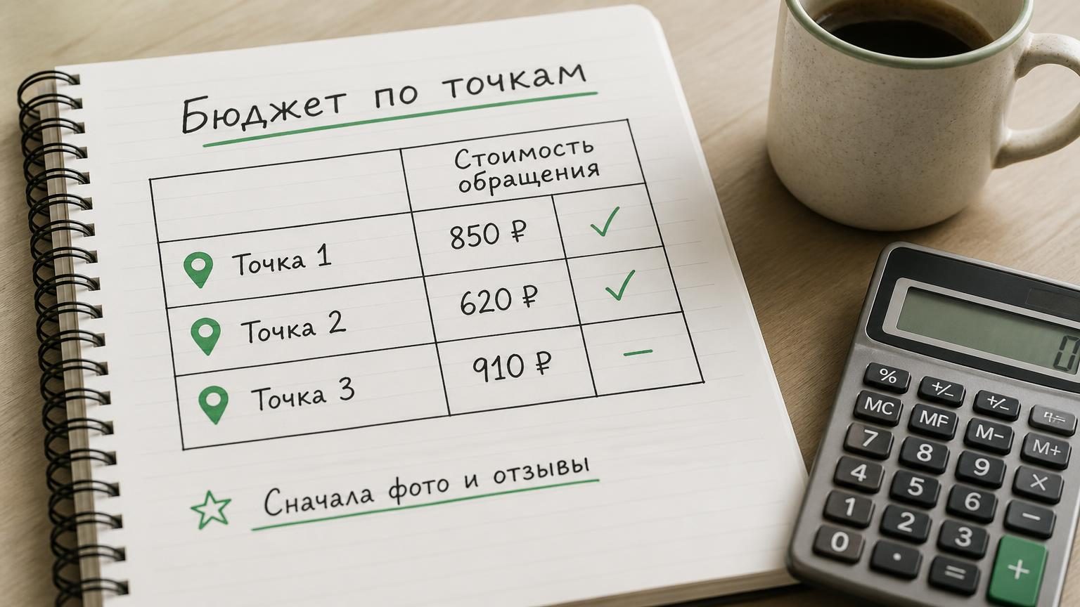 Крупно: страница блокнота с таблицей от руки по трём точкам сети, напротив каждой — сумма и галочка или прочерк. Рядом кружка и калькулятор. Настроение — расчёт, а не презентаци…