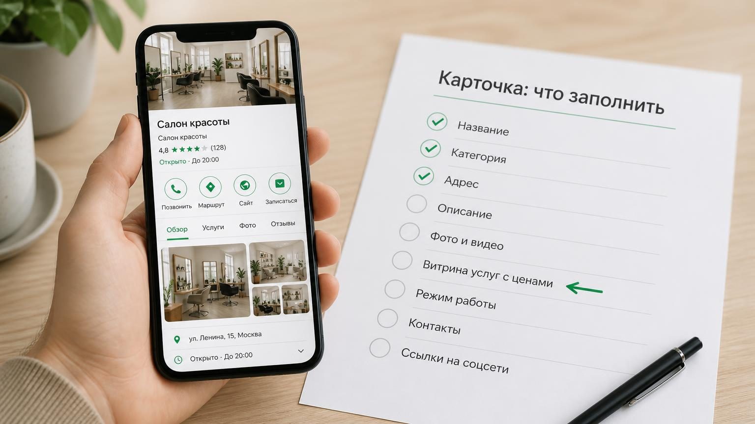 Смартфон в руке, на экране карточка организации с фотографиями и кнопками обращения, рядом на столе распечатка со списком незаполненных полей, часть пунктов отмечена галочками. …