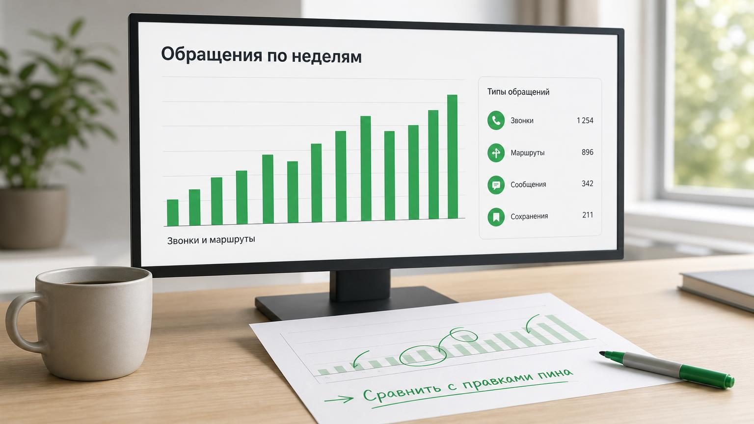 Крупно: монитор со статистикой карточки — столбики показов по неделям и список типов обращений, рядом кружка и распечатка с пометками маркером.