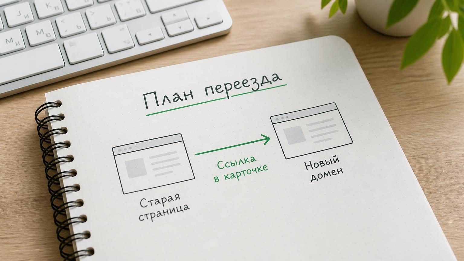 Крупный план блокнота на столе рядом с клавиатурой: от руки нарисована схема перехода со старой страницы на новый домен, стрелка между двумя прямоугольниками. Надписи: заголовок…