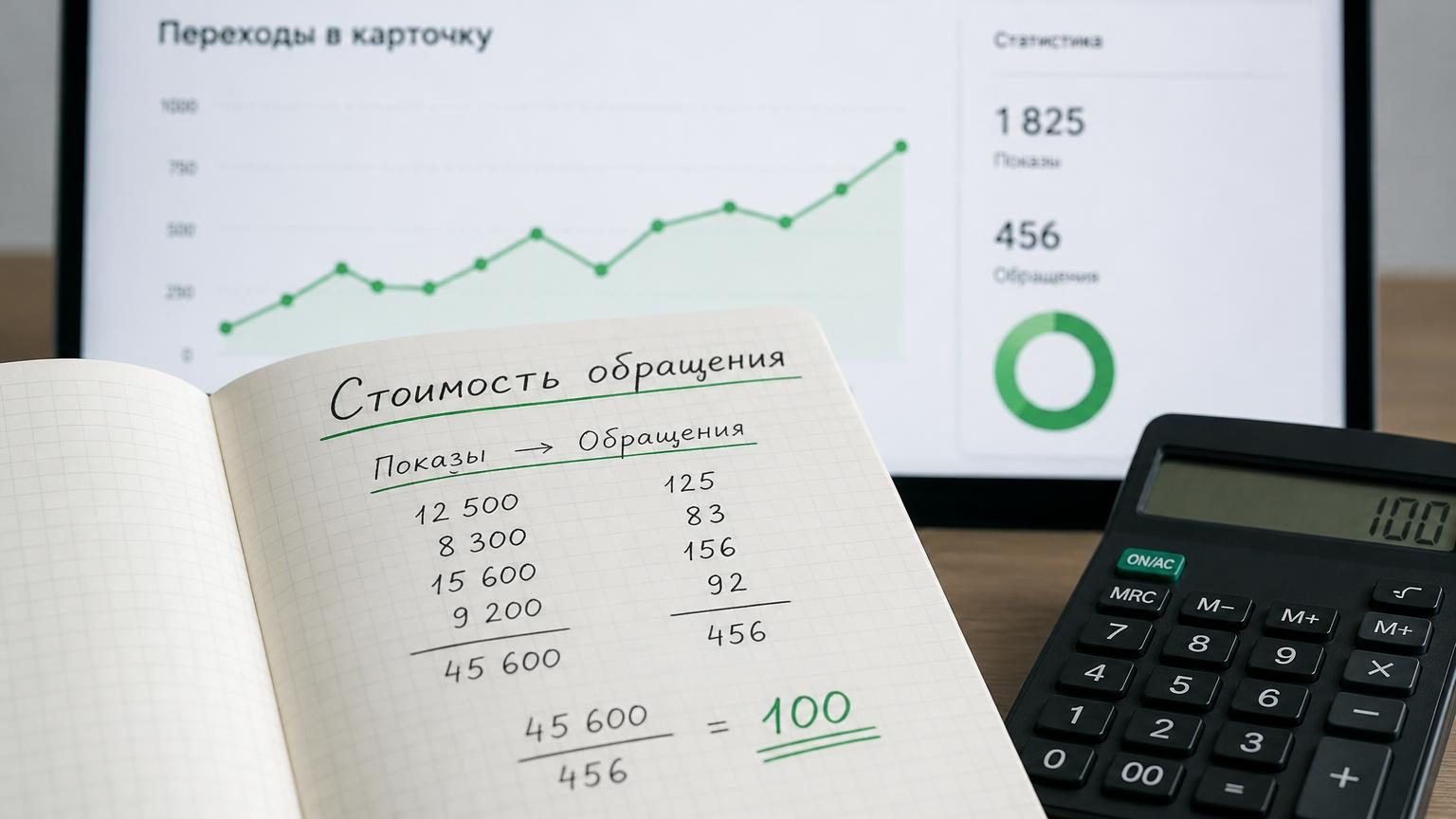 Крупный план: разворот тетради с расчётом в столбик и калькулятор рядом, на заднем плане размыт экран со статистикой карточки. Деловое, без глянца. Надписи: заголовок в тетради …