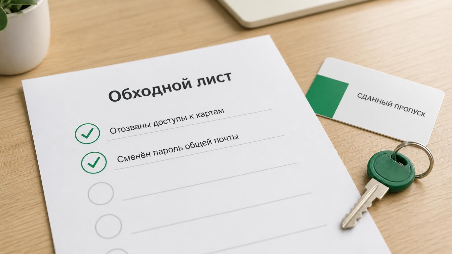 Крупный план обходного листа на столе, рядом сданный пропуск и ключ. В списке видны пункты с галочками. Настроение — рутинная процедура, не драма. Надписи: заголовок листа «Обхо…