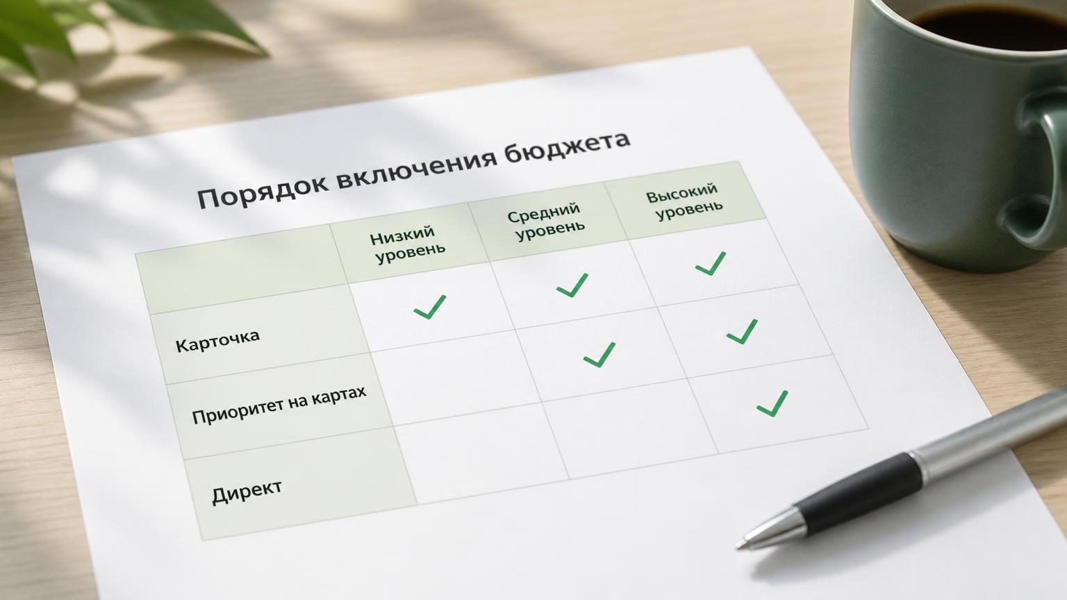 Крупный план распечатанной таблицы на столе, рядом ручка и кружка. В таблице три строки уровней бюджета, часть строк отмечена галочками. Надписи: заголовок «Порядок включения бю…