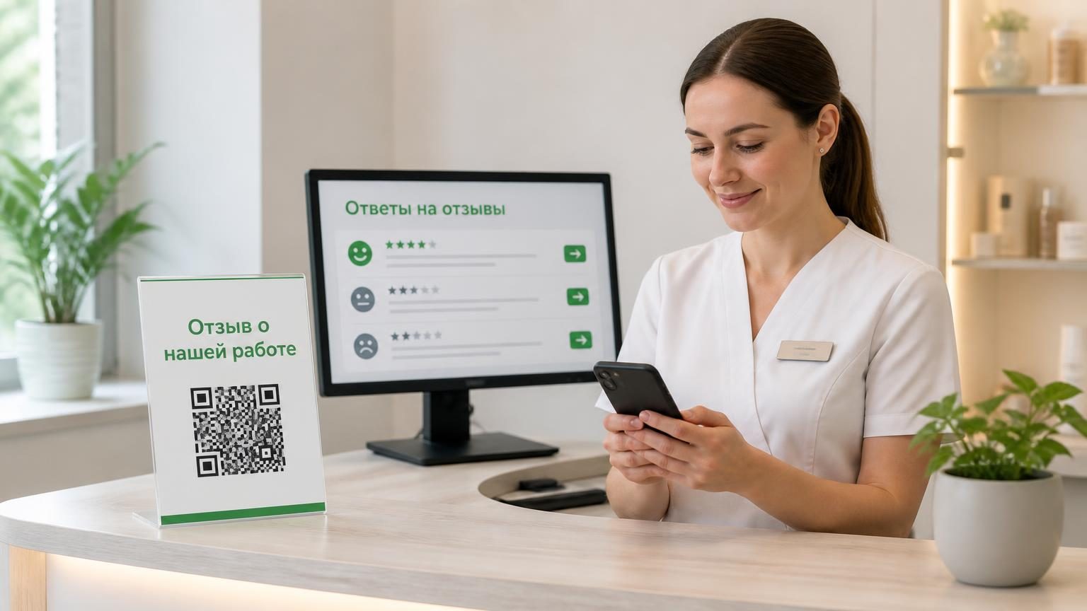 Стойка администратора небольшой клиники или салона: настольная табличка с QR-кодом, телефон в руках у сотрудника, за стойкой монитор с открытой карточкой. Крупность средняя, све…