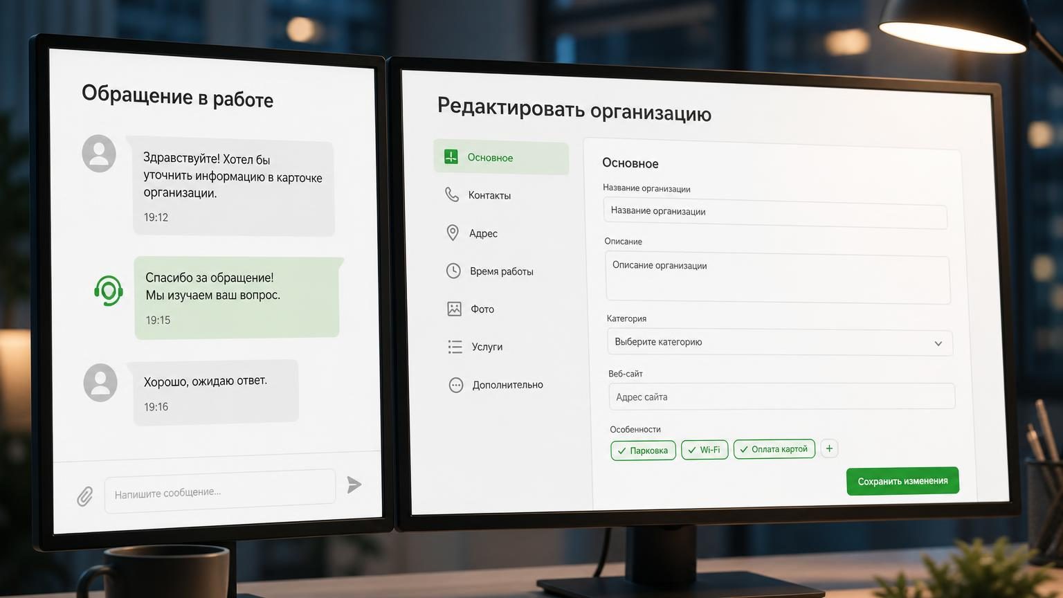 Два экрана рядом: слева переписка с поддержкой, справа кабинет с настройками карточки. Крупный план, свет офисный, вечер.
