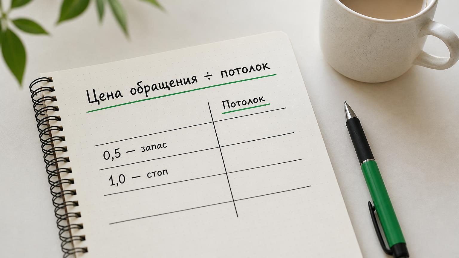 Крупный план блокнота с от руки нарисованной шкалой из четырёх строк и подписанной колонкой. Надписи: заголовок «Цена обращения ÷ потолок», строки «0,5 — запас», «1,0 — стоп». Р…