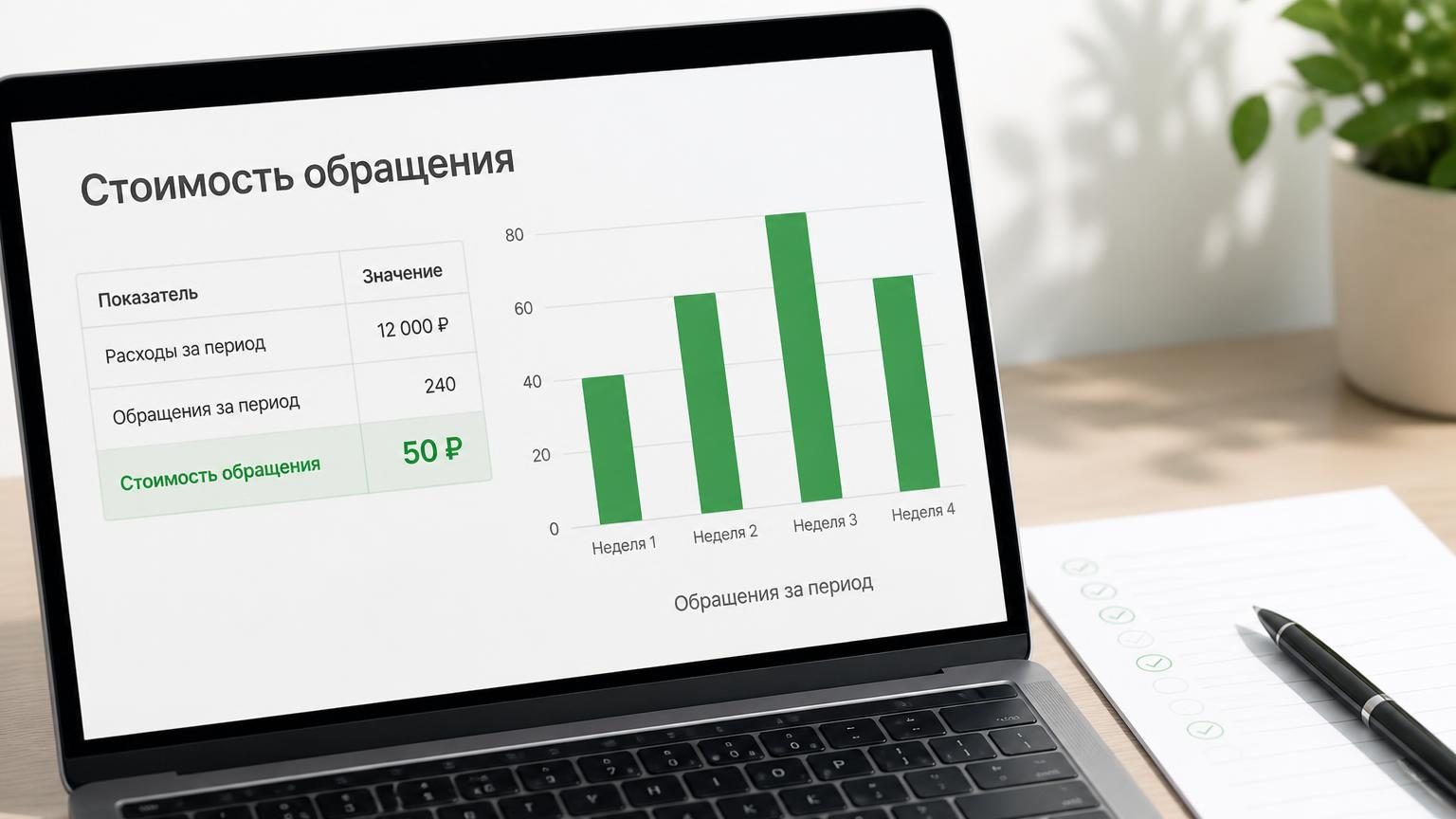 Крупный план экрана с простой таблицей расчёта и столбиковой диаграммой обращений по неделям, рядом лист бумаги с ручкой.