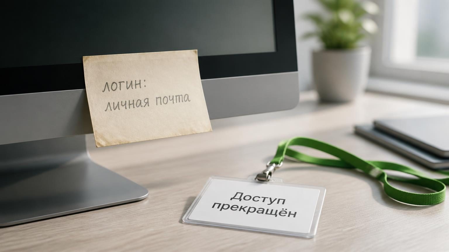 Крупно: стикер, приклеенный к монитору, с выцветшей записью от руки, рядом лежит пропуск уволенного сотрудника. Иллюстрирует, как доступ к бизнесу хранится «на человеке». Надпис…