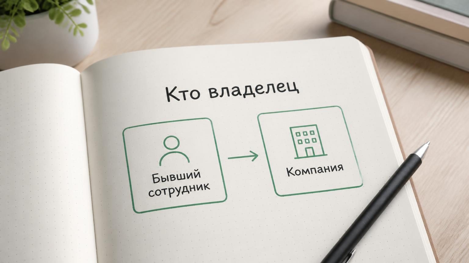 Крупный план блокнота на столе с ручкой, на развороте нарисована схема из двух прямоугольников со стрелкой между ними. Настроение — инвентаризация доступов. Надписи: заголовок «…