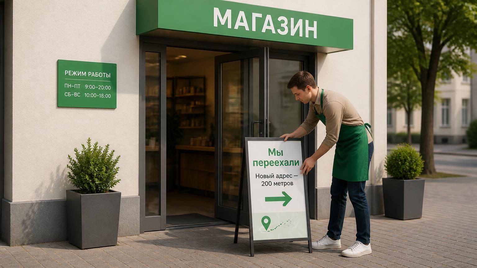 Входная группа небольшого магазина на новом месте: свежая вывеска, табличка с режимом работы, сотрудник ставит у двери указатель. Крупность — общий план, дневной свет. Надписи: …
