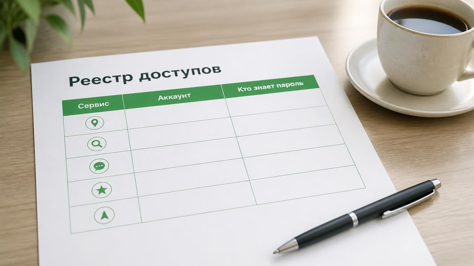 Крупный кадр: распечатанная таблица доступов на столе, рядом ручка и чашка. Настроение — спокойный порядок в бумагах. Надписи: заголовок «Реестр доступов», колонки «Сервис», «Ак…