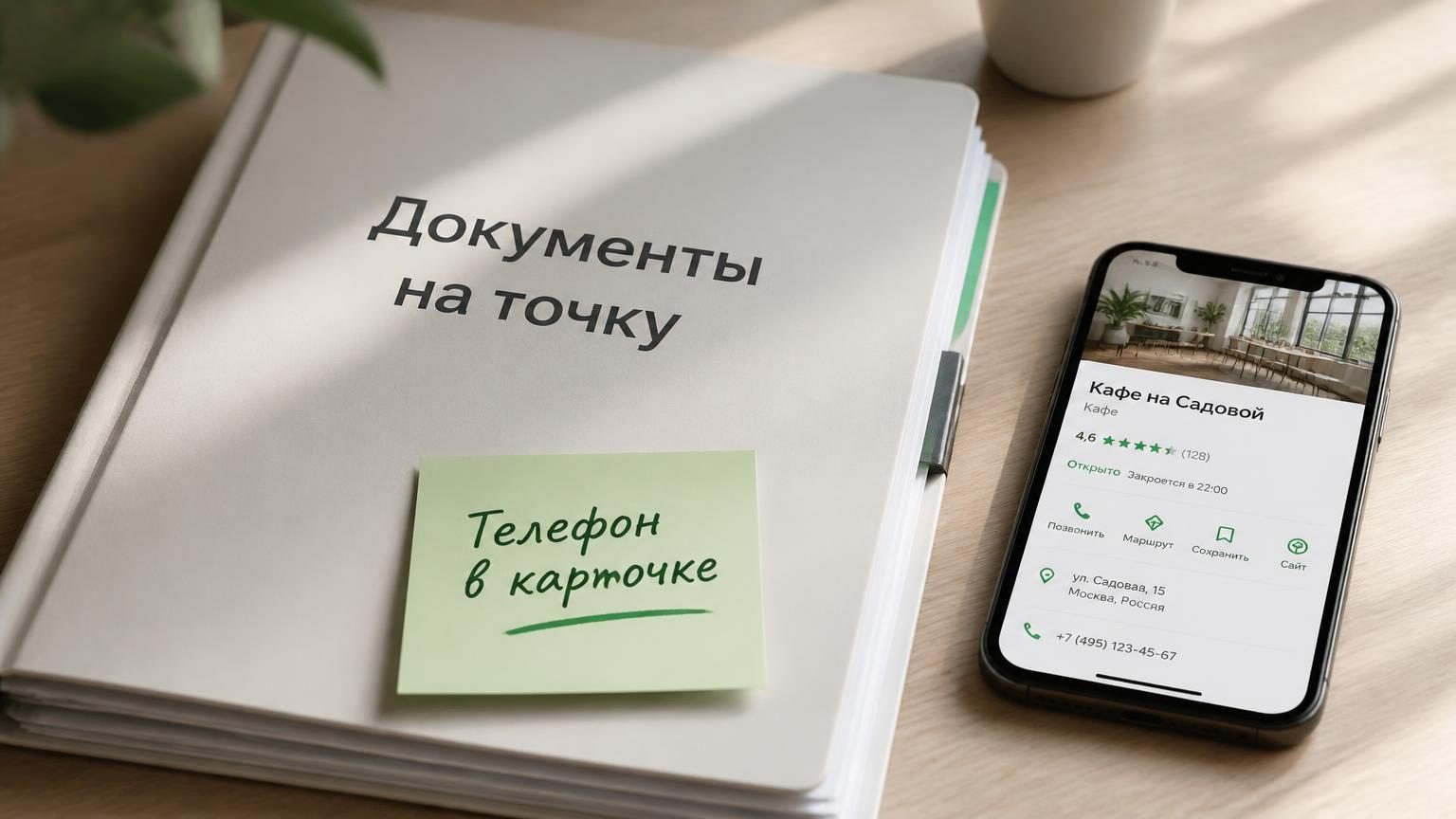 Крупный план: на столе папка с документами на помещение, рядом телефон с открытой карточкой организации, поверх папки стикер с номером телефона. Настроение — спокойная подготовк…