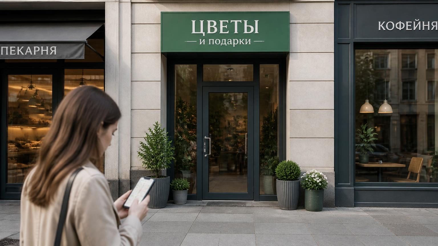 Пример правильного кадра входа: дверь с вывеской по центру, слева и справа видны соседние помещения, снято с уровня глаз с тротуара, дневной свет.