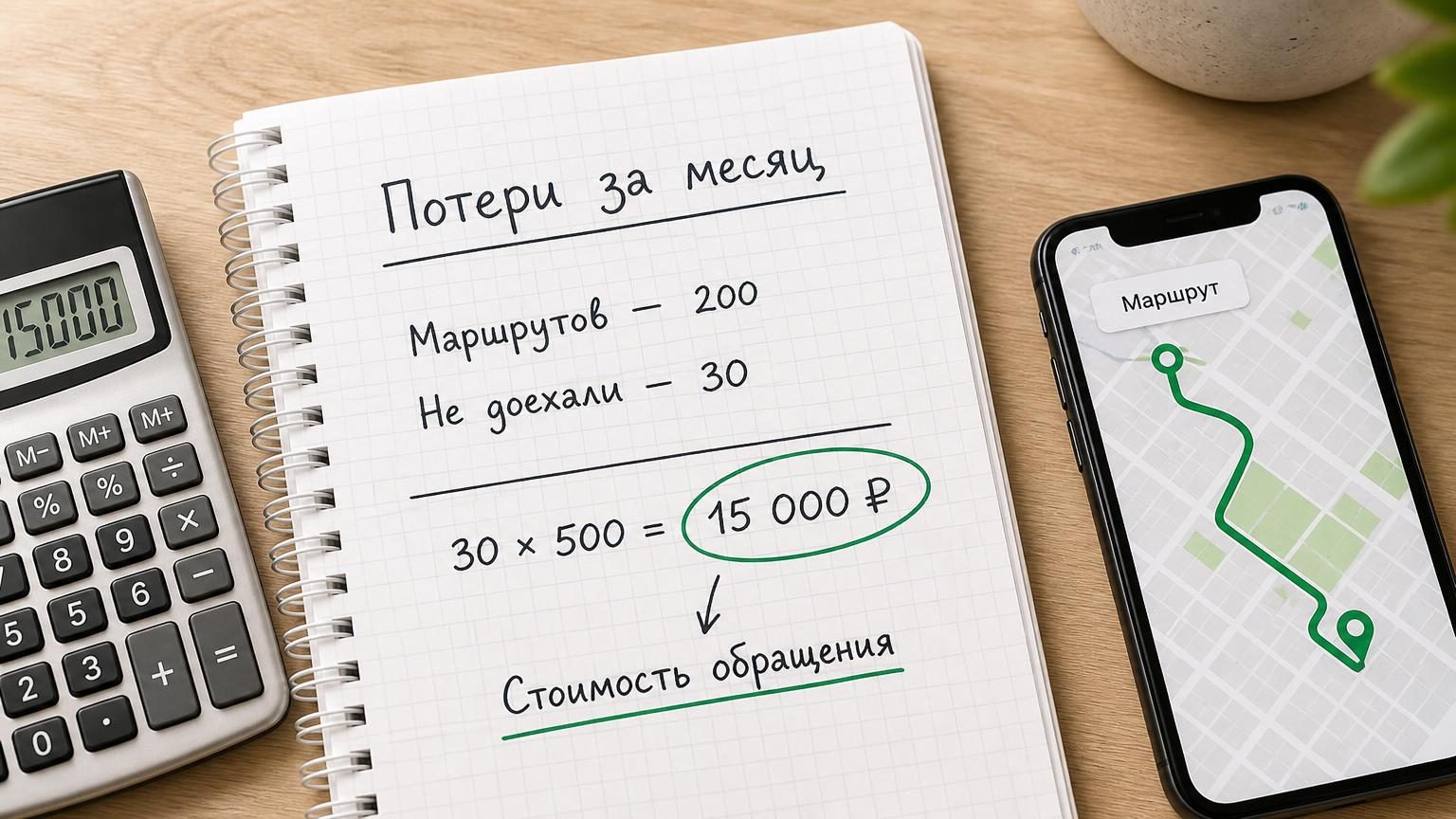 Крупный кадр сверху: бумажная тетрадь в клетку с рукописным расчётом, рядом калькулятор и телефон с открытым маршрутом. Надписи: заголовок в тетради «Потери за месяц», строки «М…