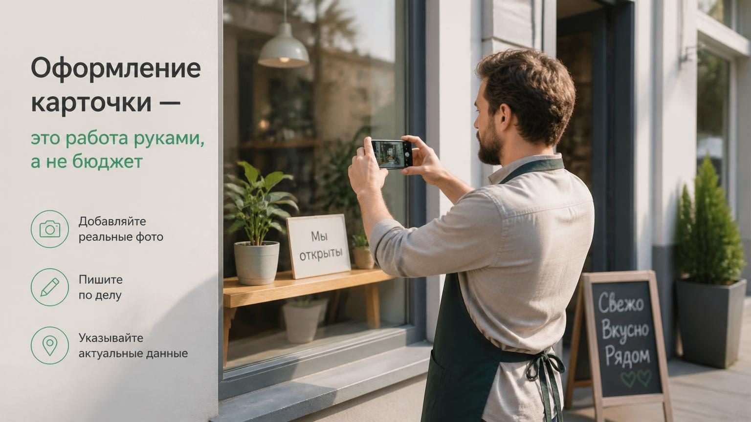 Владелец небольшого заведения с телефоном в руках снимает витрину при дневном свете. Кадр репортажный, без постановки. Иллюстрирует, что оформление карточки — это работа руками,…