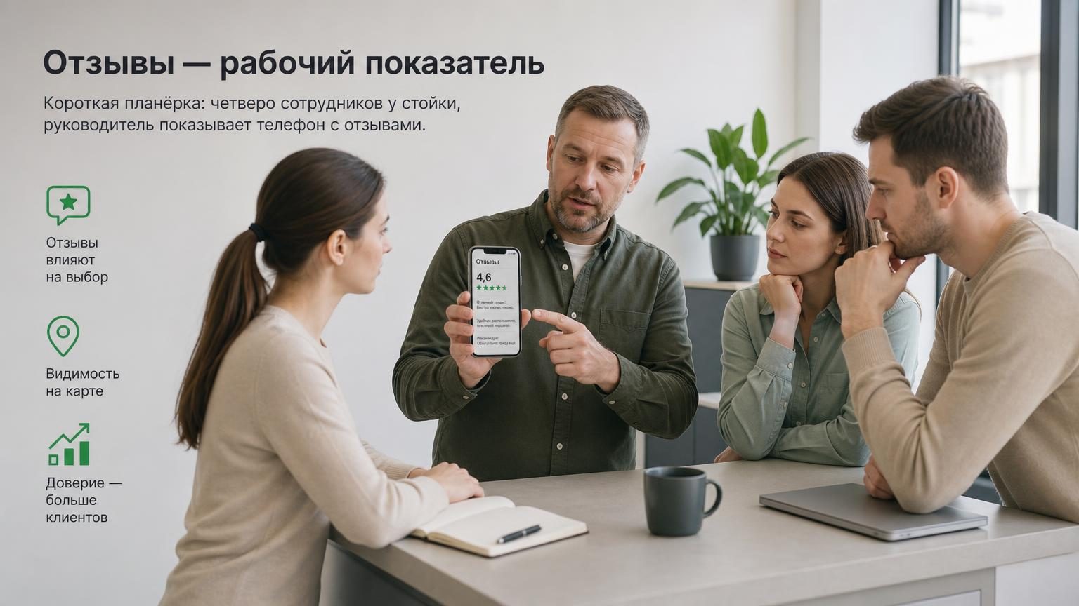 Короткая планёрка: четверо сотрудников у стойки, руководитель показывает телефон с отзывами. Рабочая обстановка, без постановочных улыбок.
