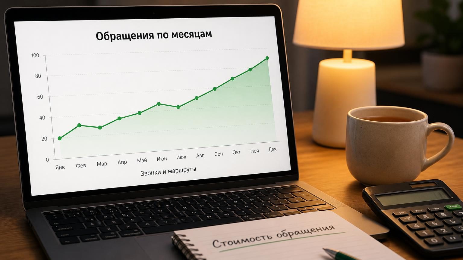 Экран ноутбука с простым графиком обращений по месяцам, рядом калькулятор и чашка чая. Крупный план, вечернее освещение. Надписи: заголовок на экране «Обращения по месяцам», под…