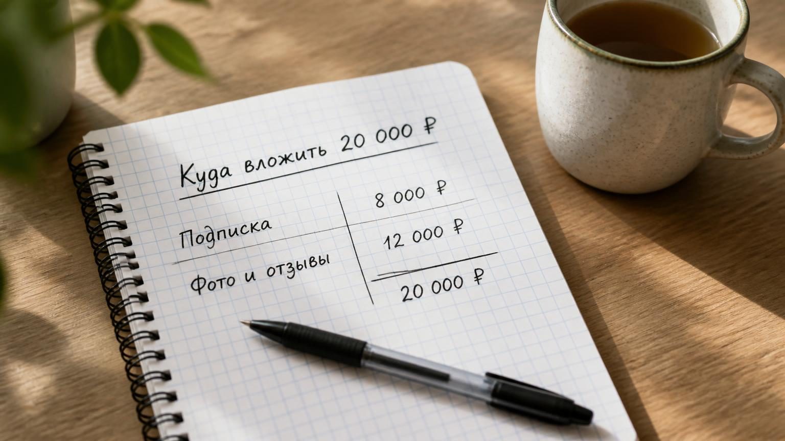 Тетрадь в клетку на столе рядом с кружкой, от руки нарисована таблица из двух колонок с подсчётами, ручка лежит поверх. Надписи: заголовок «Куда вложить 20 000 ₽», строки «Подпи…