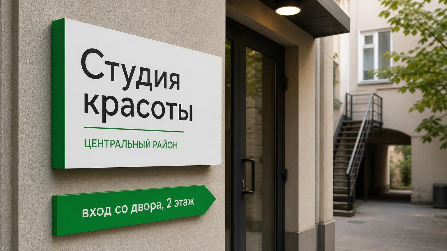 Вход в филиал с вывеской и указателем «вход со двора, 2 этаж». Крупный план вывески, читаемое название с уточнителем локации.