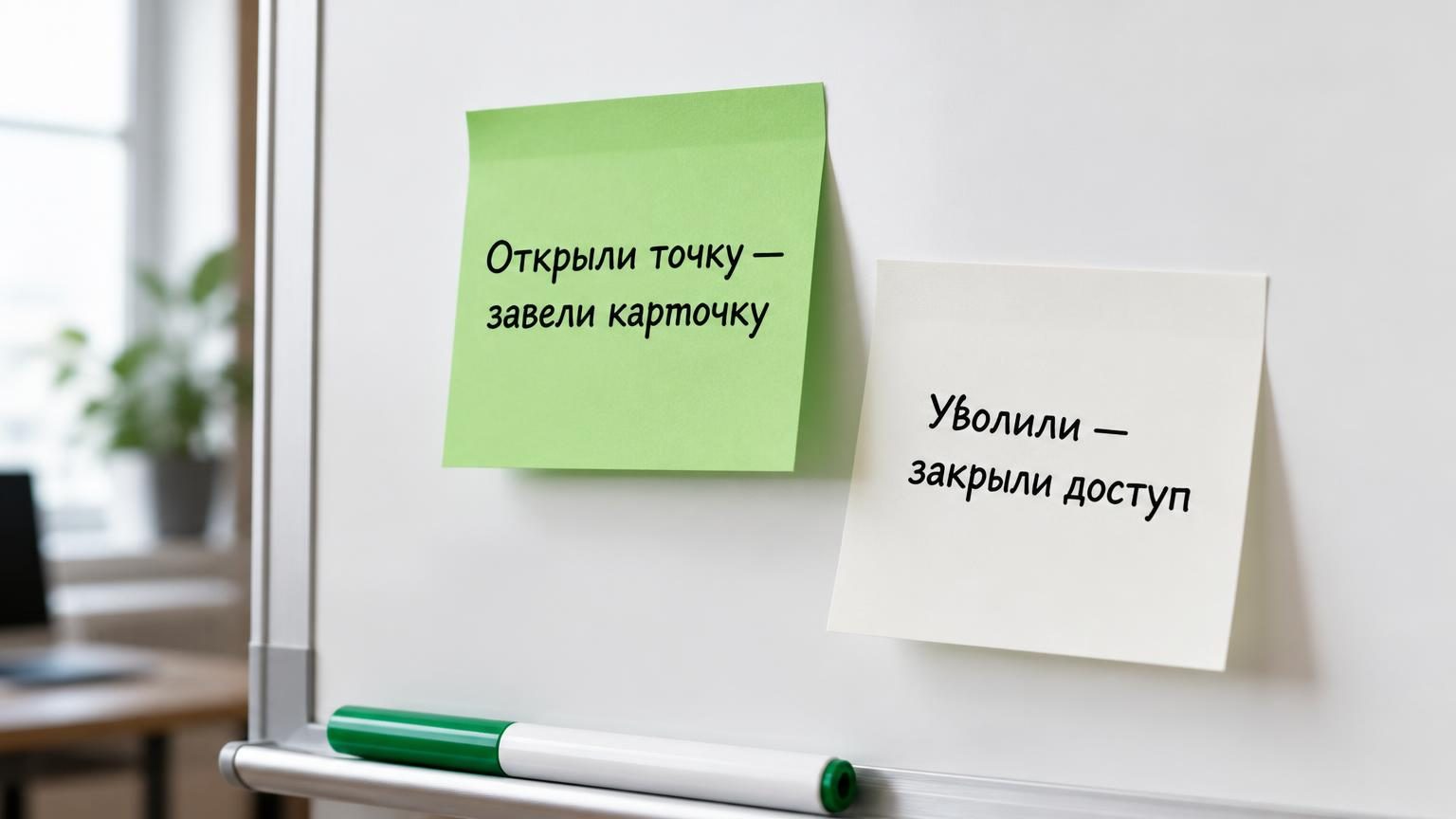 Доска с двумя наклеенными стикерами и маркером рядом, крупный план, офис без людей. Иллюстрирует регламент, который переживает смену сотрудников. Надписи на стикерах: «Открыли т…