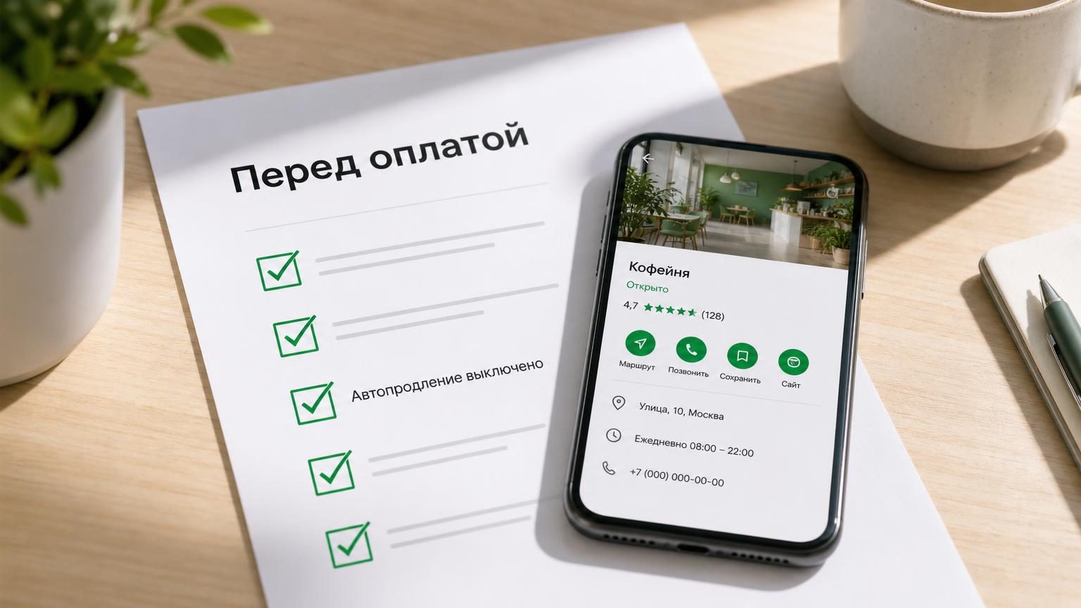 Распечатанный чек-лист на столе с отмеченными галочками пунктами, сверху лежит телефон с открытой карточкой организации. Настроение — подготовка перед запуском. Надписи: заголов…