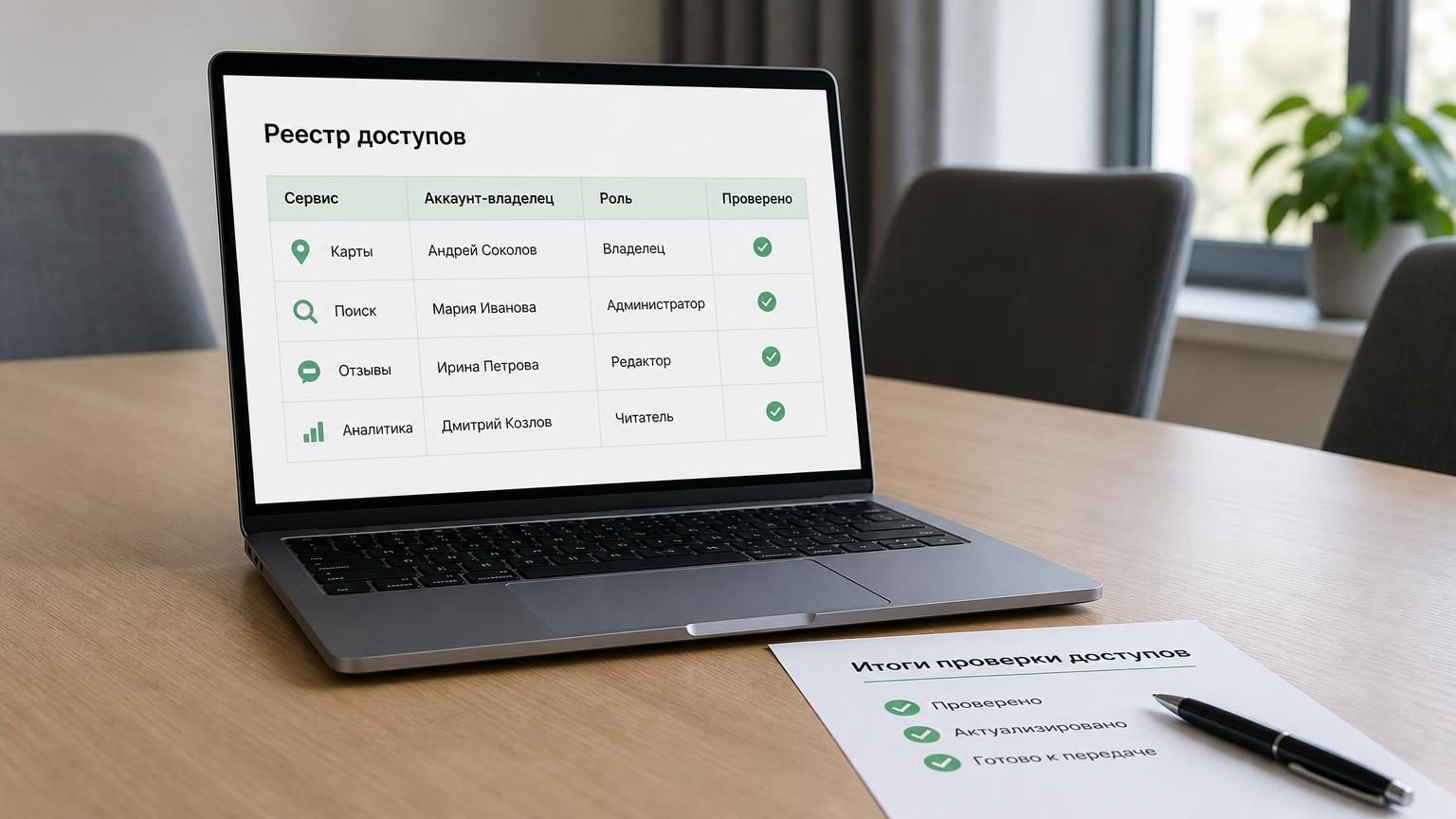 Ноутбук на переговорном столе, на экране аккуратная таблица из нескольких строк, рядом распечатка с подписью и ручка. Настроение — порядок после разбора. Надписи: заголовок табл…